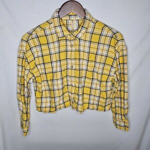 Girls Wonder Nation Yellow Plaid Cropped Flannel Shirt Long Sleeve L 10 12 Plus